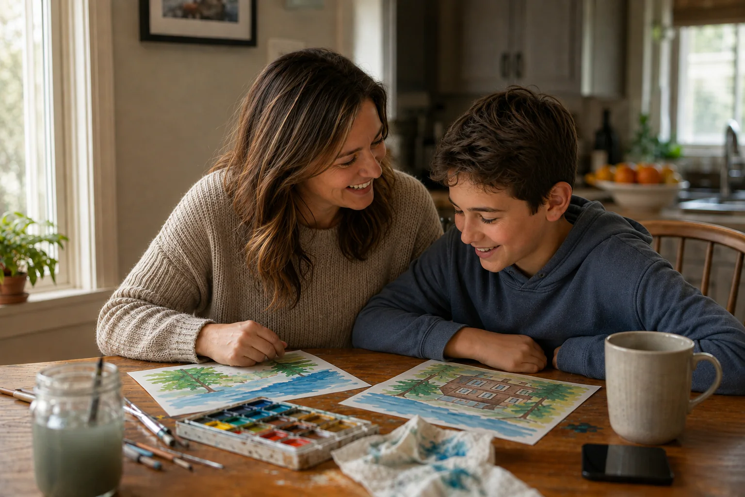 An American mother and son looking at their two finished paintings together