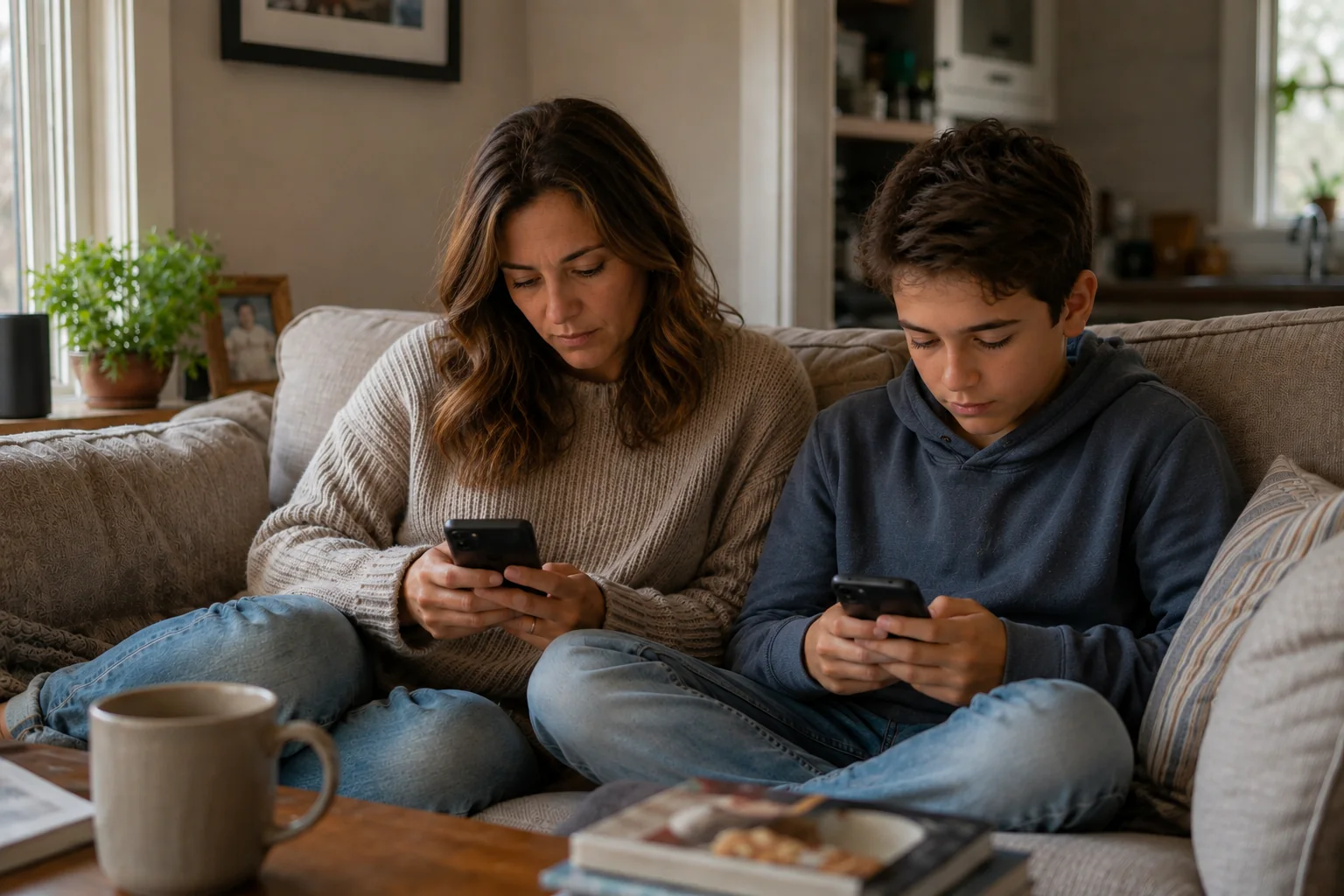 An American mother and son sit close together while each looks quietly at a separate phone
