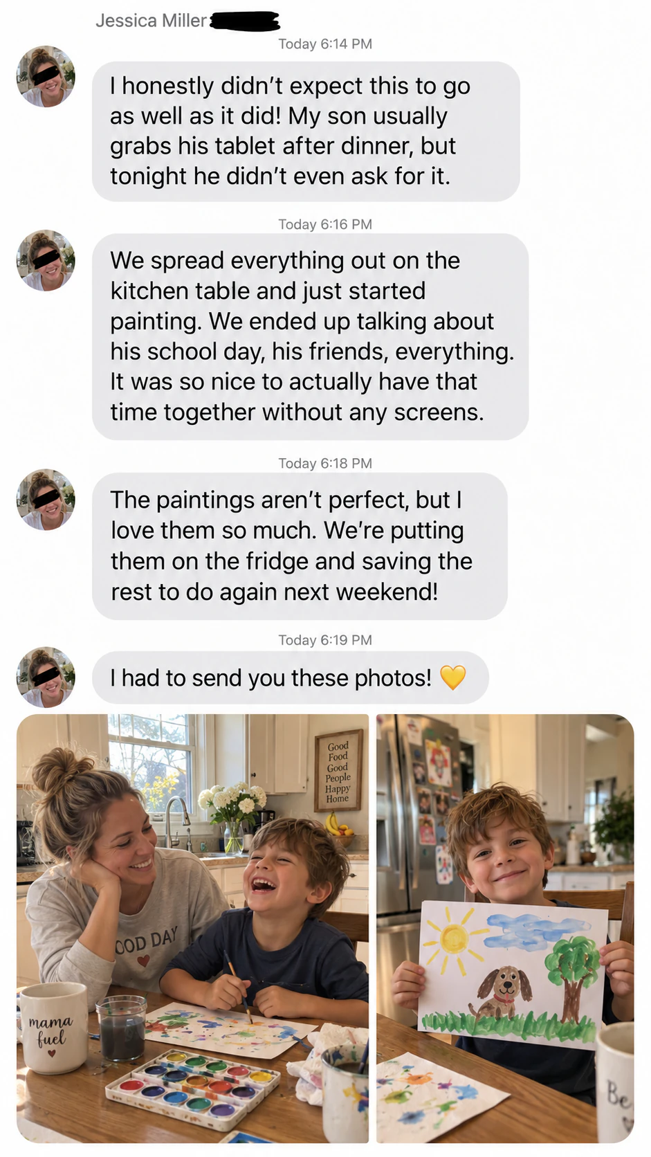 A mother shares messages and photos from a screen-free painting night with her son