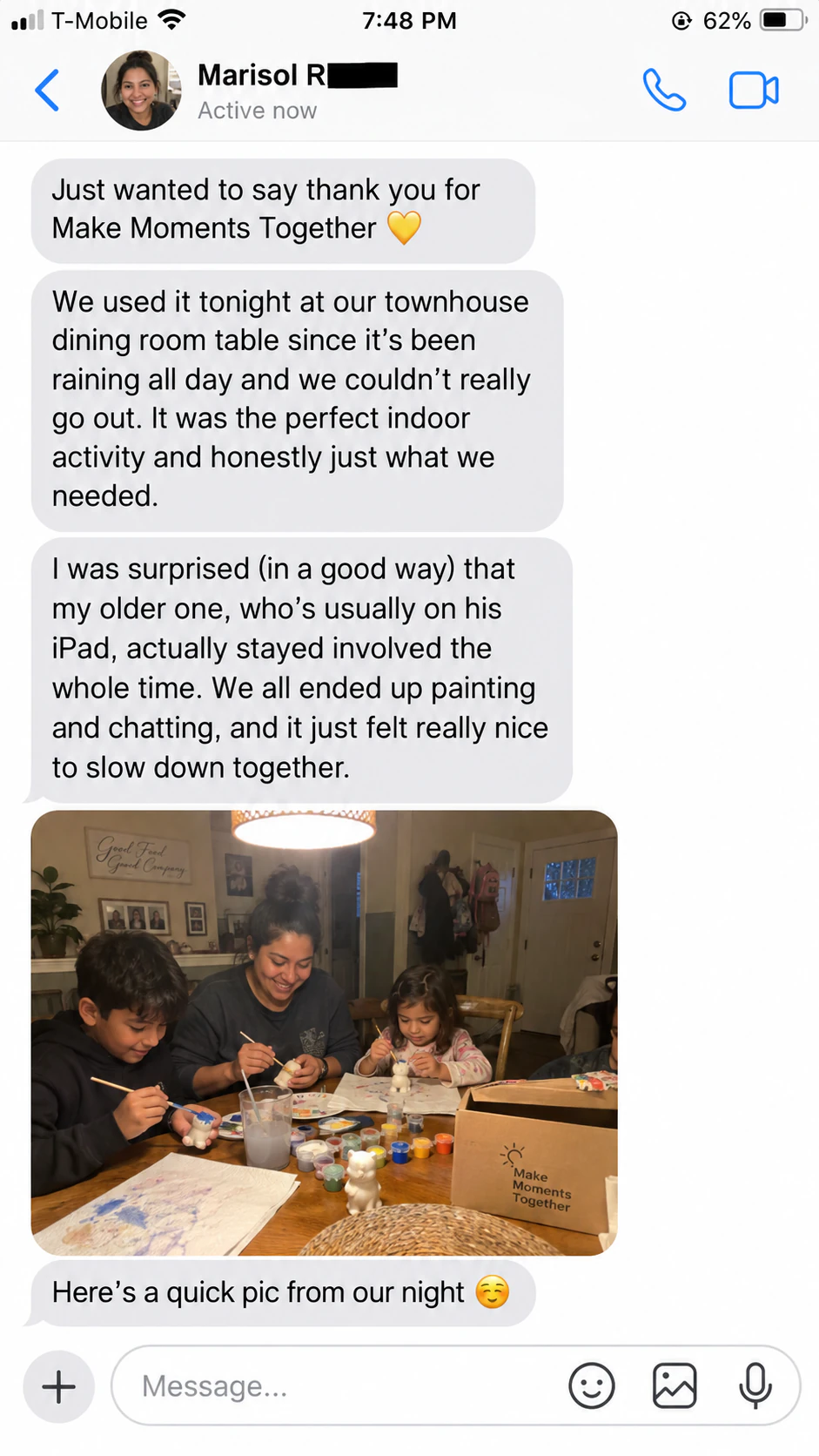 A customer message about a screen-free family painting night, with a photo of the family together
