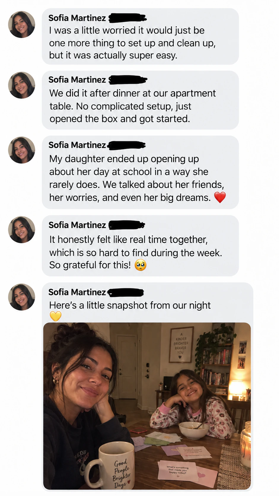 A mother describes an easy activity and a meaningful conversation with her daughter