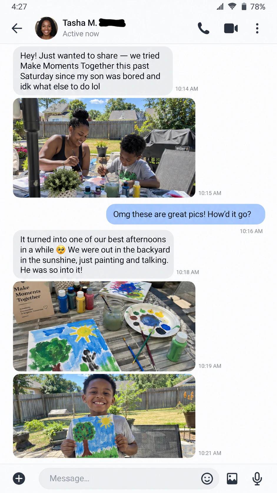 A mother shares photos from a sunny backyard painting afternoon with her son