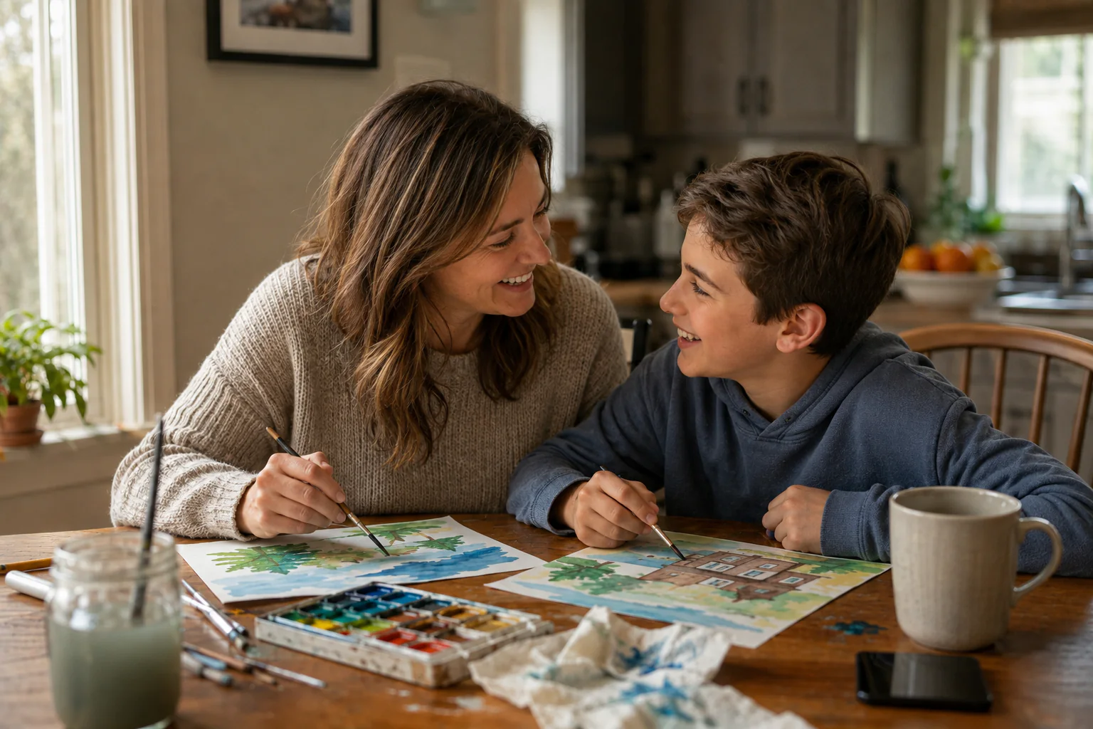 An American mother and her son laughing over their imperfect paintings in a warm family kitchen